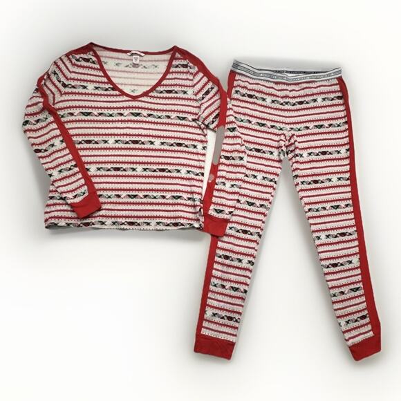 Victorias Secret Womens Medium Fireside Thermal Pajama Set Red Fair Isle - Picture 1 of 12